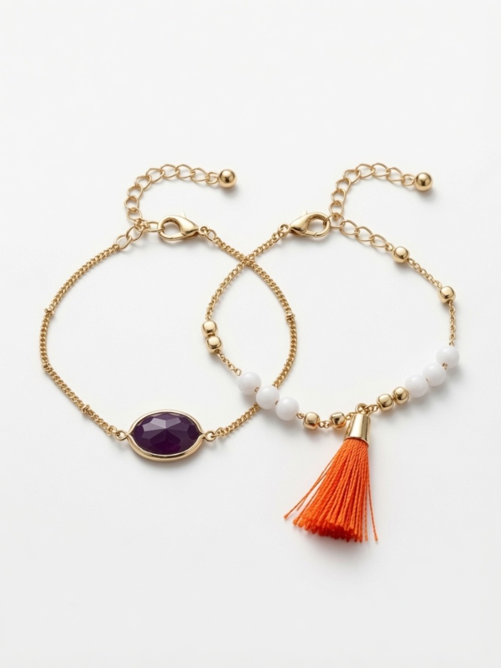 Gold-Tone Bracelet Set with Purple Crystal & Orange Tassel